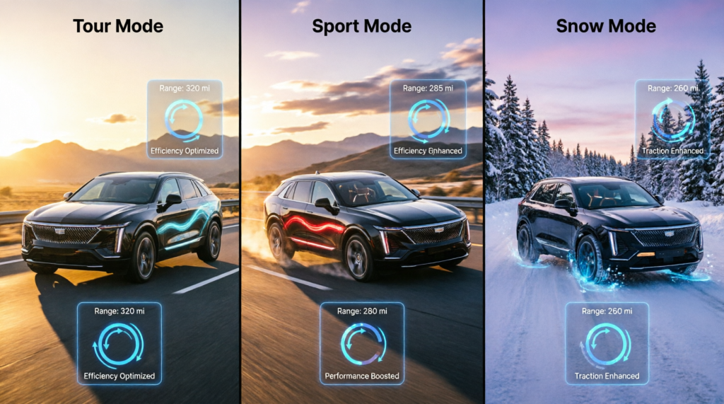 do the driving modes in cadillac lyriq offer different ranges or battery usages?